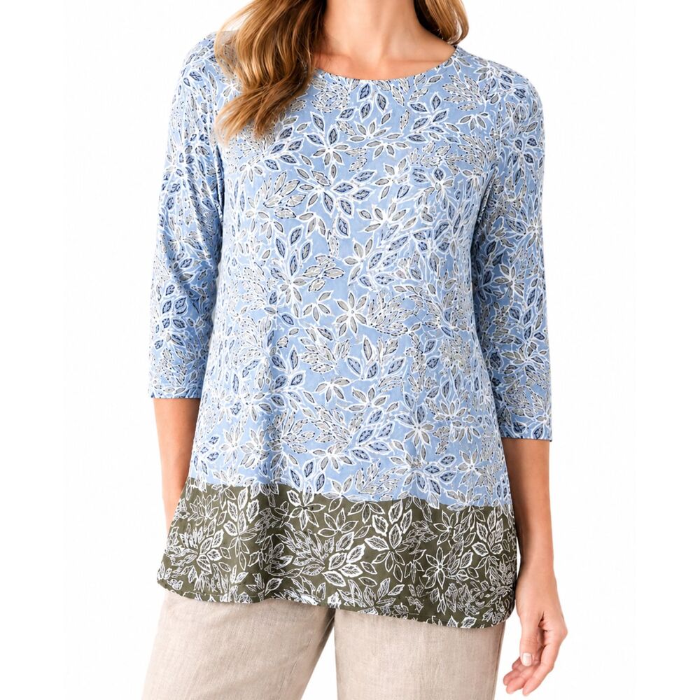 J. Jill Floral Leaf Print Tunic Top Blue Green Cotton Modal Petite Small